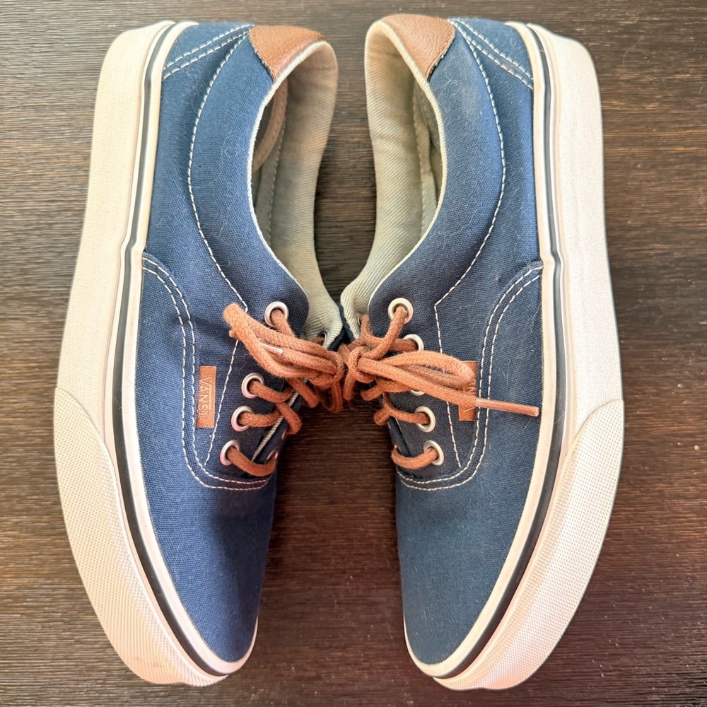 Vans Era Canvas Navy Sneakers Leather Trim Unisex - Picture 3 of 6